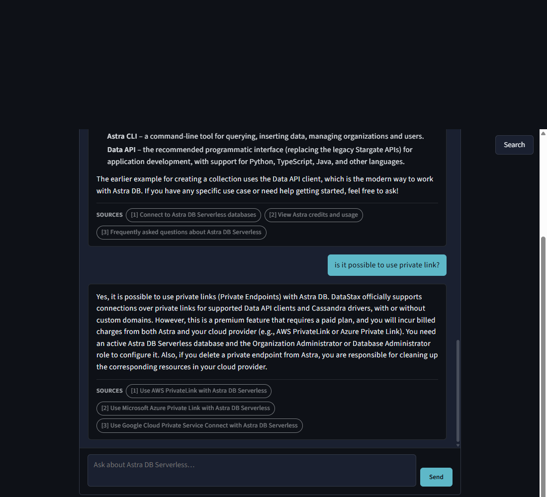 A multi turn Astra Docs Chat conversation on jamieede.com. Each assistant answer ends with its own Sources row of chips linking back to the relevant DataStax documentation pages.