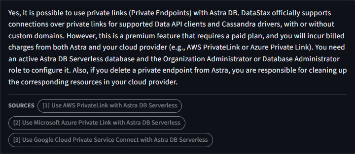 Astra Docs Chat answering whether Astra DB supports private links. Under the answer is a Sources row with three chips linking to the AWS PrivateLink, Microsoft Azure Private Link, and Google Cloud Private Service Connect documentation pages.