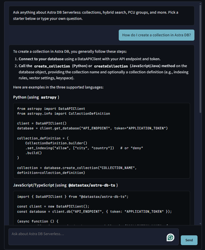 Astra Docs Chat streaming UI on jamieede.com with starter prompts, a user question about creating an Astra DB collection, and a partially streamed markdown answer with Python code