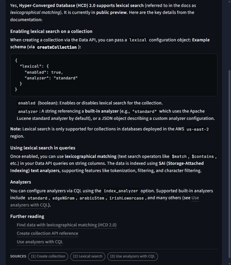 The DataStax docs agent answering a question about HCD 2.0 lexical search, with a code example and source links to the HCD 2.0 documentation