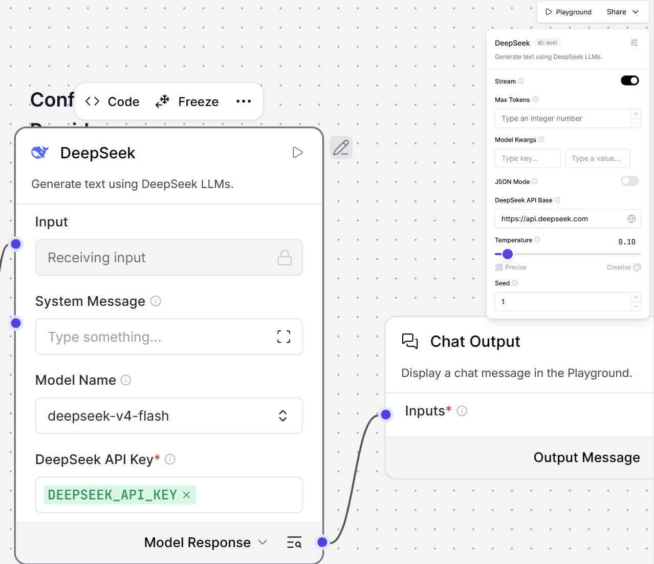 Langflow DeepSeek language model node configured with deepseek-v4-flash, streaming enabled, temperature 0.1, and DEEPSEEK_API_KEY global variable connected to Chat Output