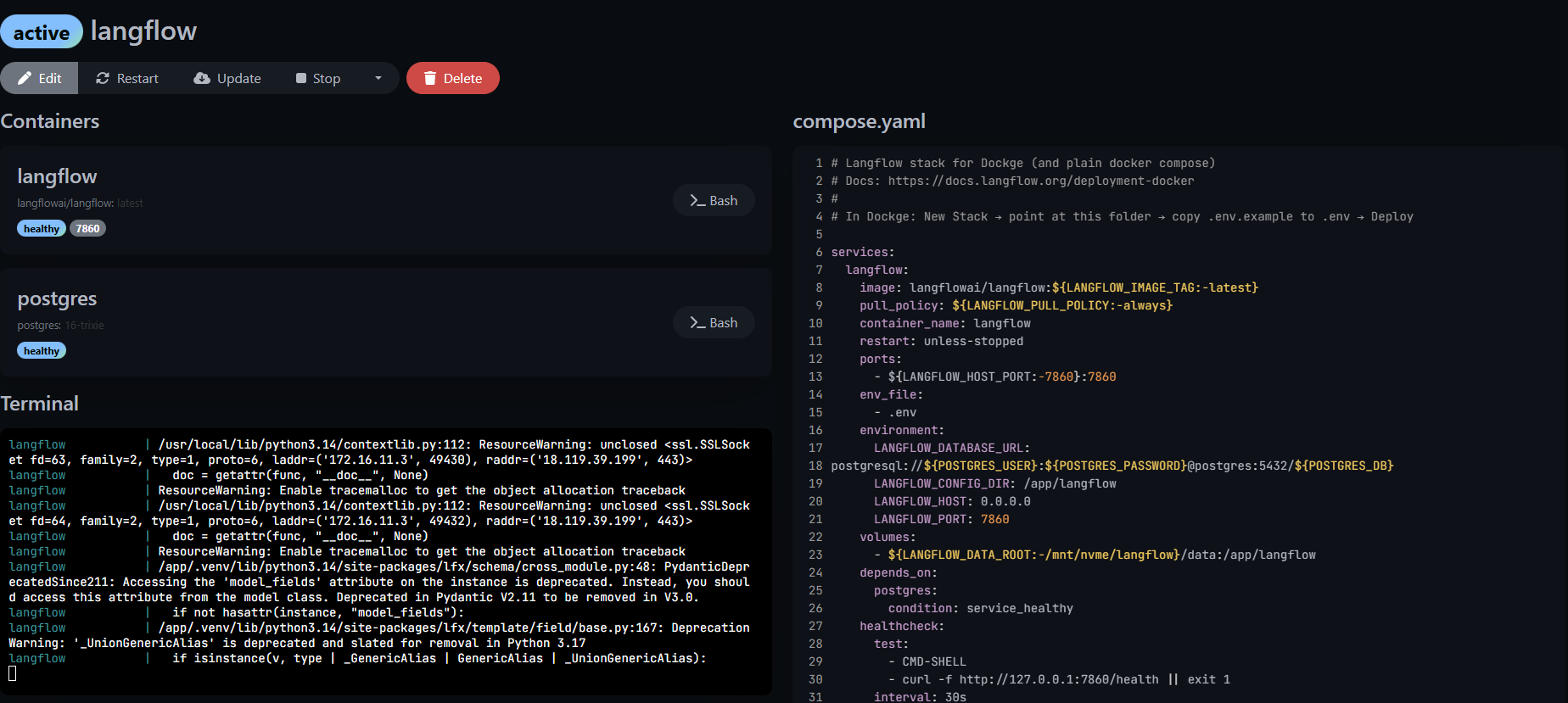 Dockge Docker Compose stack running self-hosted Langflow and PostgreSQL 16 with healthy containers, compose.yaml editor, and Langflow logs