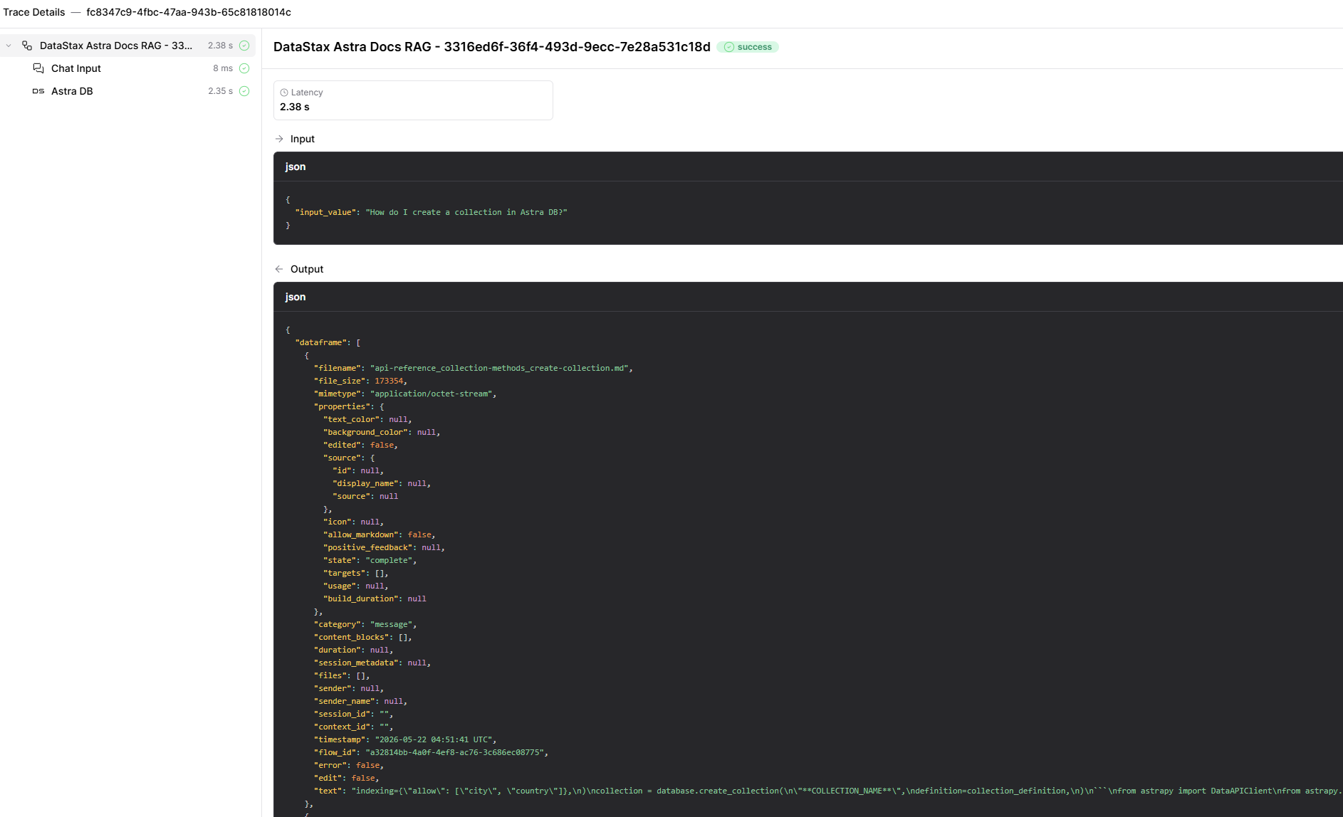 Langflow Playground trace details for Astra DB vector retrieval: user question, Astra DB search step timing, and JSON output with retrieved DataStax documentation chunks