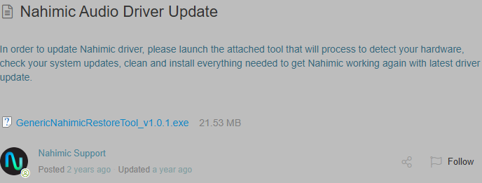 The same Nahimic Audio Driver Update knowledge-base article rendered from an Internet Archive snapshot. It shows the article title, instructions to launch the attached tool, and a download link for GenericNahimicRestoreTool_v1.0.1.exe at 21.53 MB, posted by Nahimic Support.
