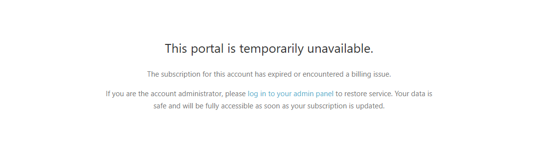 The Nahimic support portal showing an error: a large heading reading &ldquo;This portal is temporarily unavailable&rdquo;, with sub-text explaining the subscription for the account has expired or encountered a billing issue, and a prompt for the account administrator to log in and restore service.