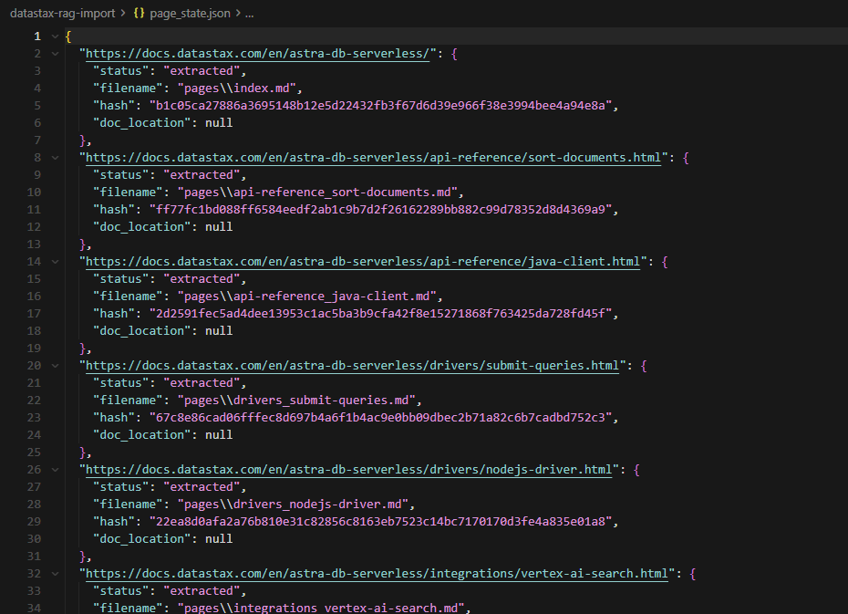 page_state.json tracking extracted DataStax Astra DB Serverless documentation URLs with SHA-256 content hashes and local markdown filenames for RAG crawl state