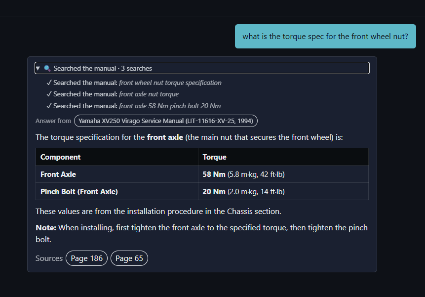 A live Yamaha XV250 manual assistant answering a torque-spec question, with a citation deep-linking to the exact service-manual page