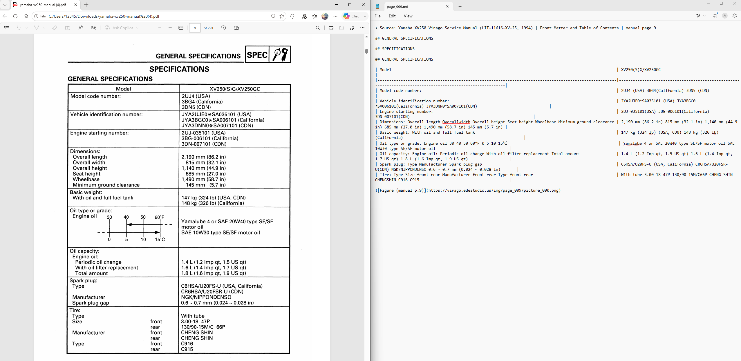 A scanned specification table on the left and the same table after Docling extraction on the right, preserved as structured Markdown rather than flattened text