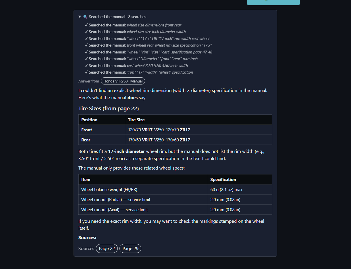 The Langflow agent streaming an answer, showing its retrieval step and a citation that deep-links to the exact page of the official service manual