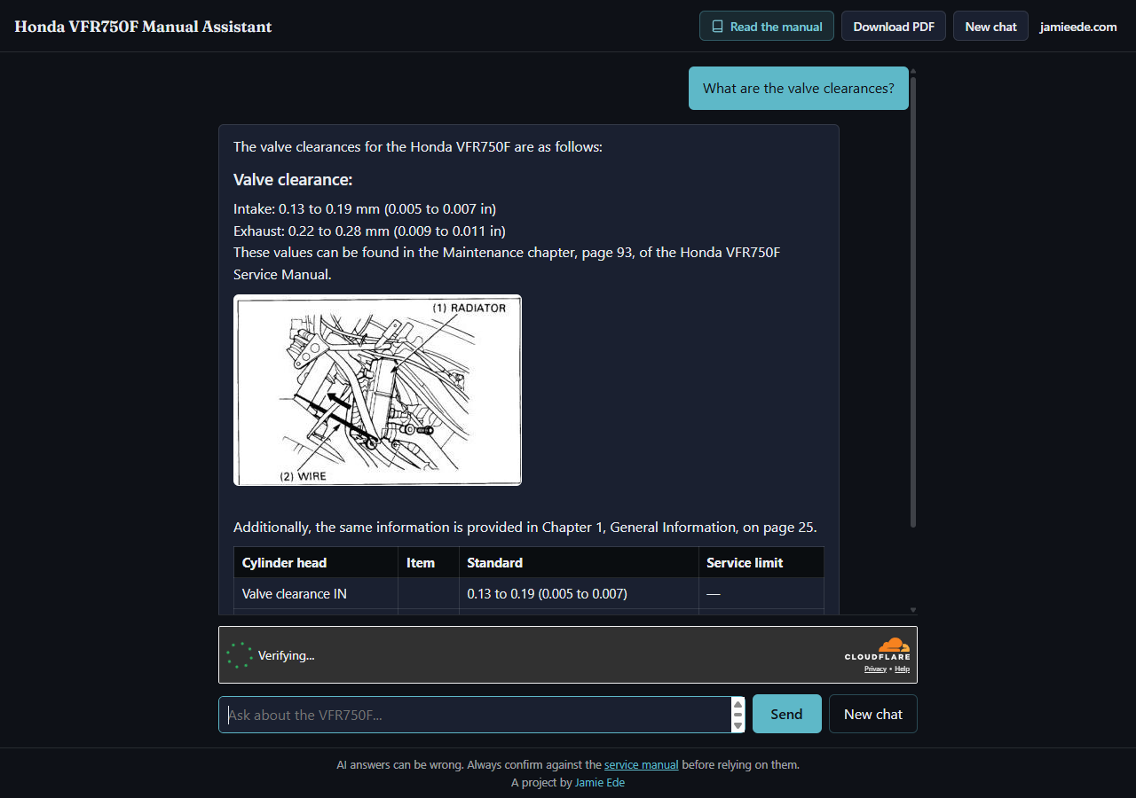 Screenshot of the Honda VFR750F manual assistant answering &ldquo;What are the valve clearances?&rdquo;. The reply gives the intake clearance as 0.13 to 0.19 mm (0.005 to 0.007 in) and the exhaust as 0.22 to 0.28 mm (0.009 to 0.011 in), notes the figures are on page 93 of the Maintenance chapter, and shows an inline exploded diagram of the radiator from the manual page. Below the diagram it cross-references the same specification on page 25, General Information, as a small standard/service-limit table.
